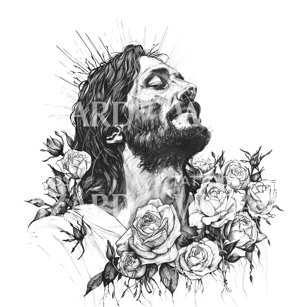 Merficul Jesus and Roses Tattoo Design