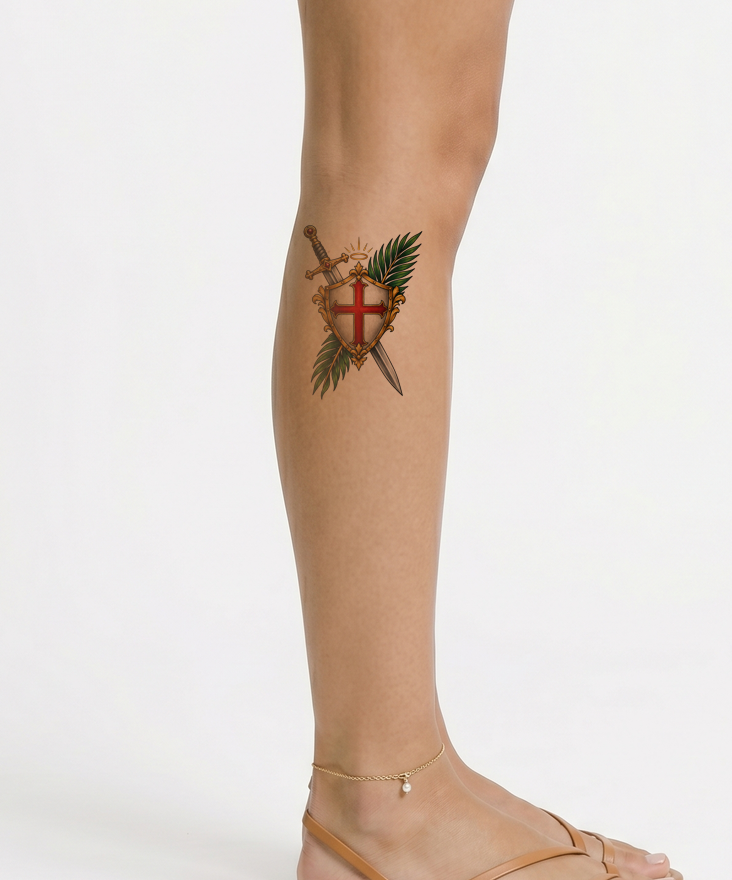 Tatuaggio scudo, spada e palma di San Michele