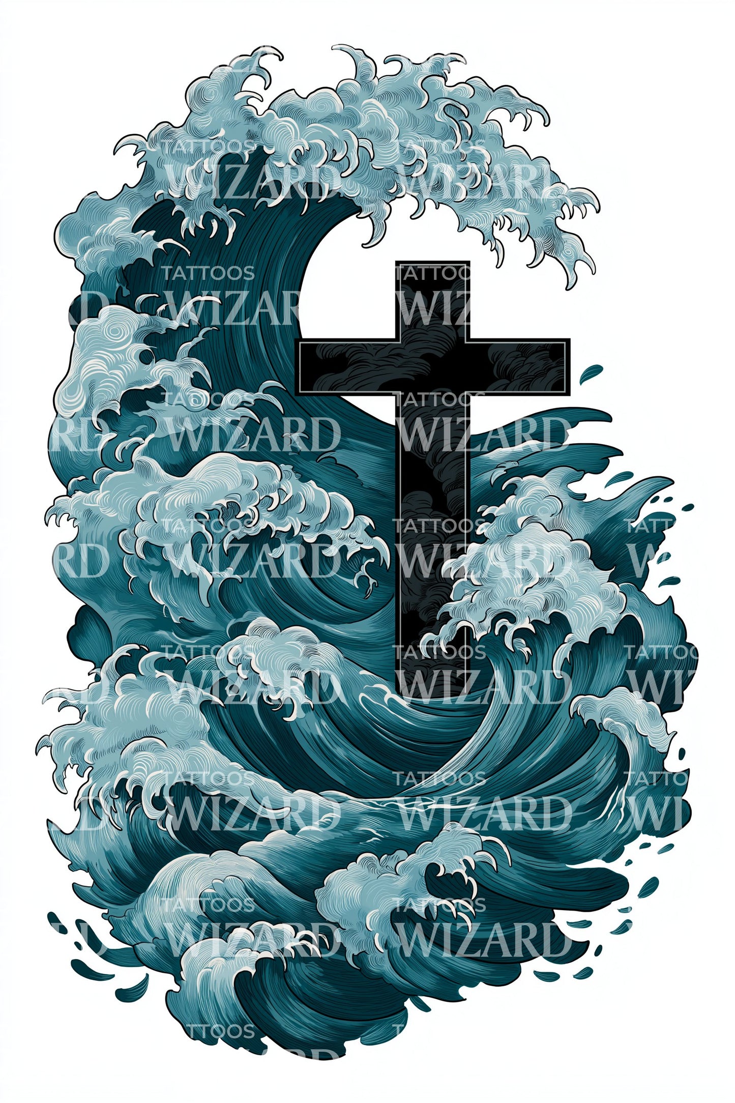 Midnight Wave Cross Tattoo Design