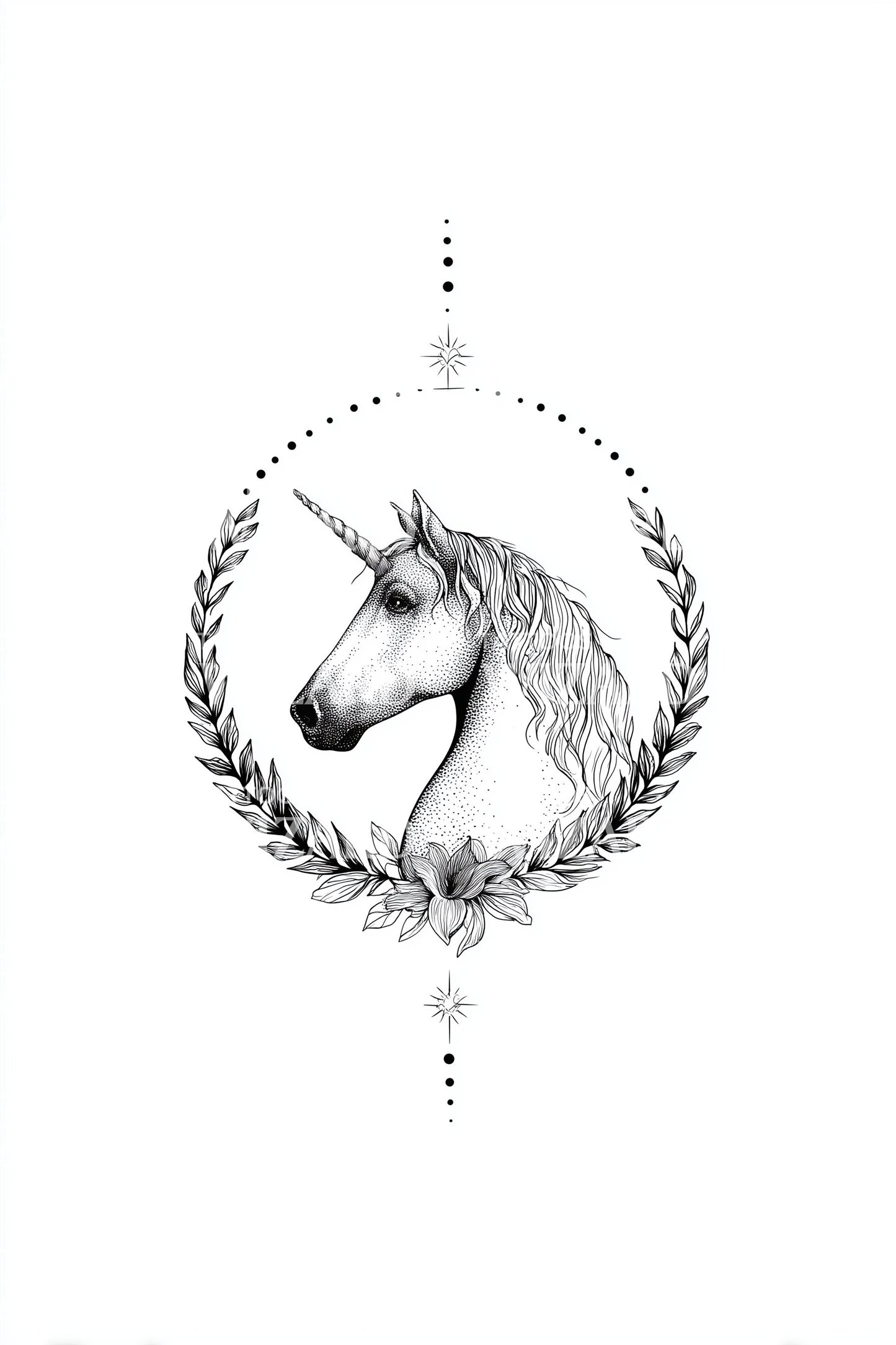 Design di tatuaggio unicorno con ghirlanda minimalista