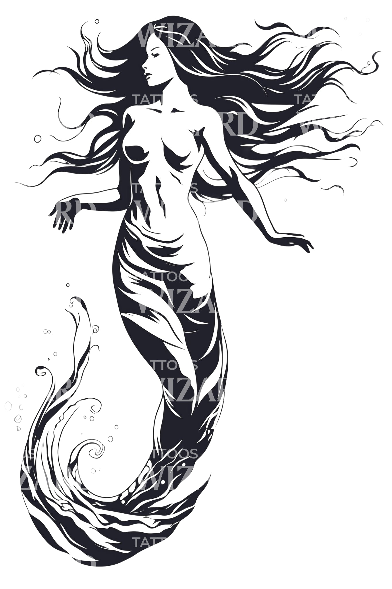 Minimalist Mermaid With Flowing Hair Tattoo Design