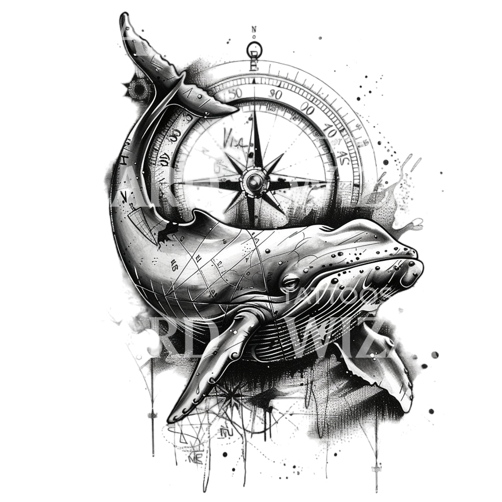Whale and Compass Tattoo Design