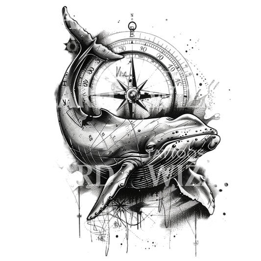 Whale and Compass Tattoo Design