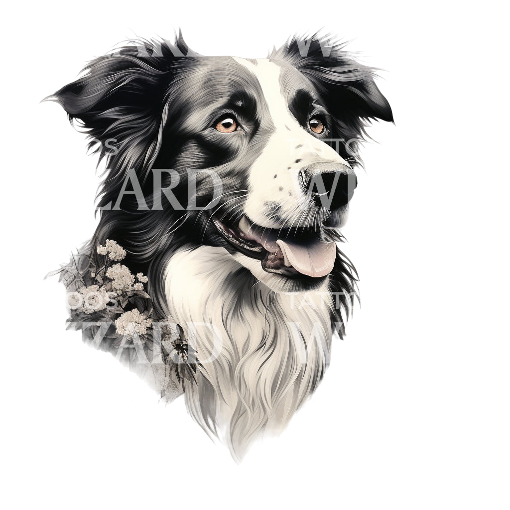 Border Collie Portrait Black & Grey Tattoo Design