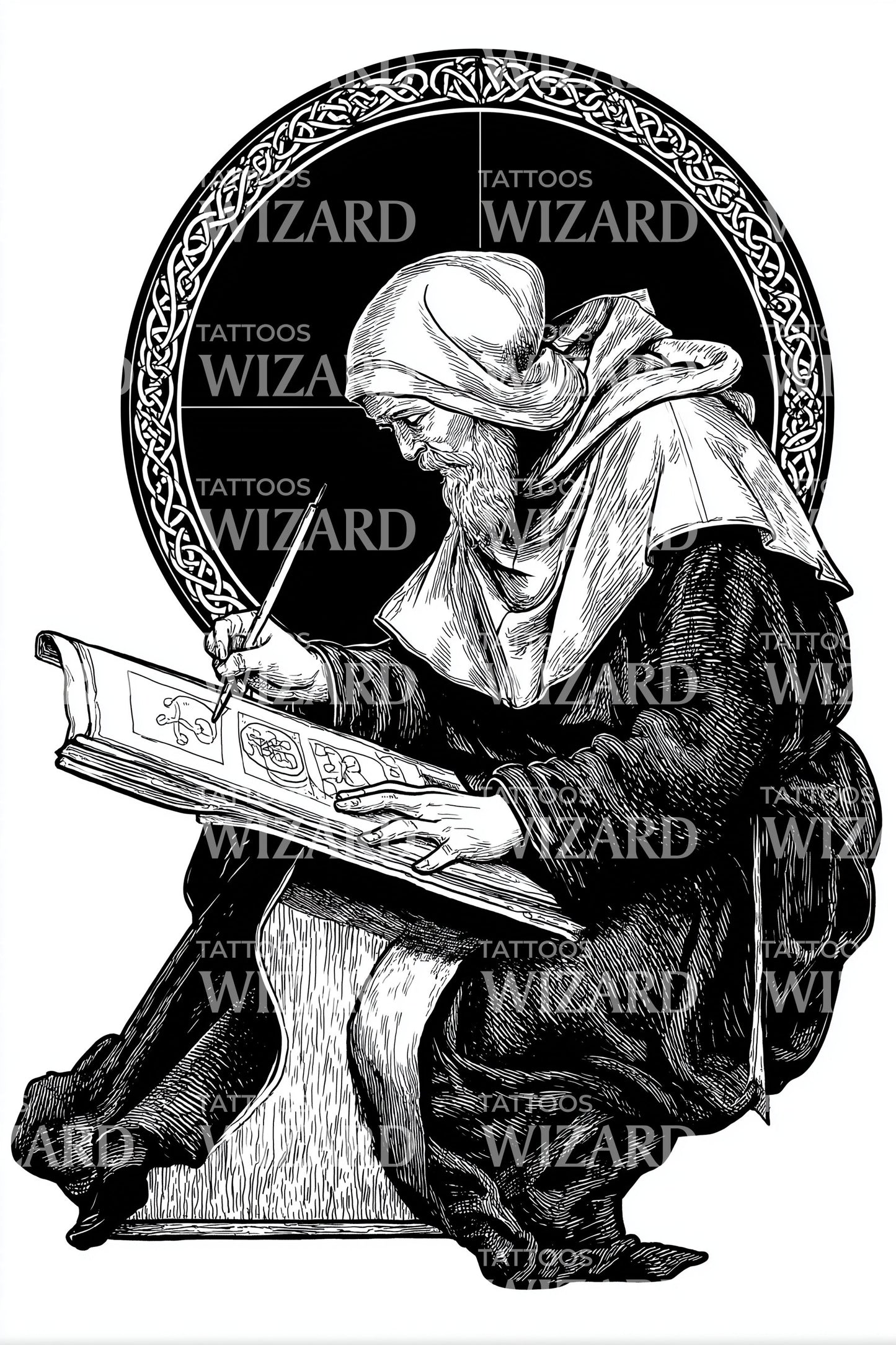 Monastic Scholar Reading Tattoo Design