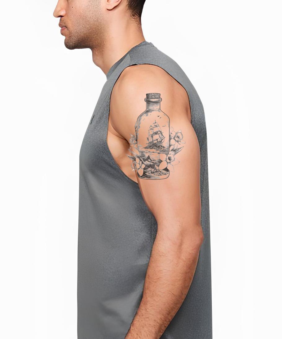 Desain Tato Bunga Kapal Monokrom