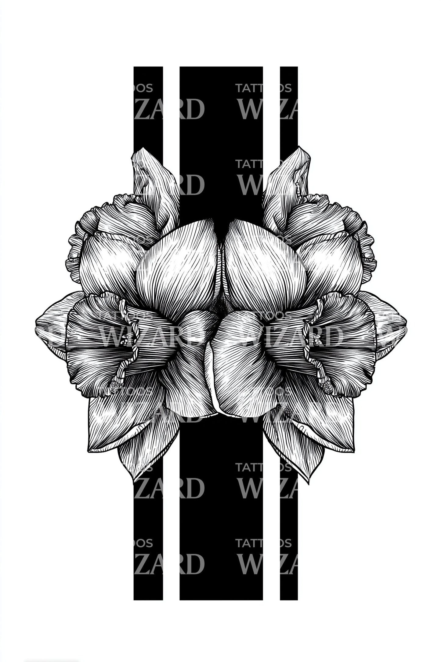 Monochrome Hibiscus Stripes Tattoo Design