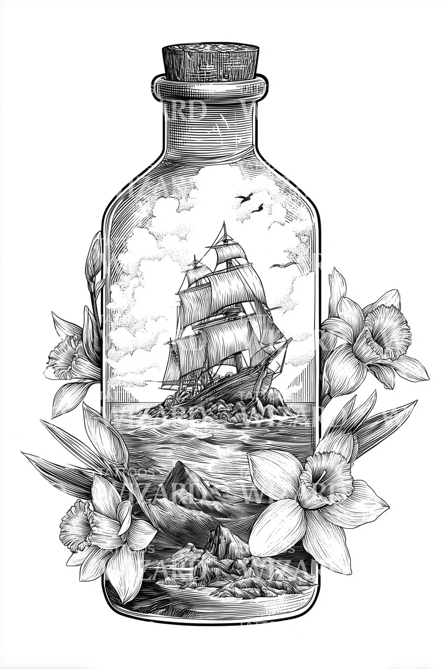 Desain Tato Bunga Kapal Monokrom