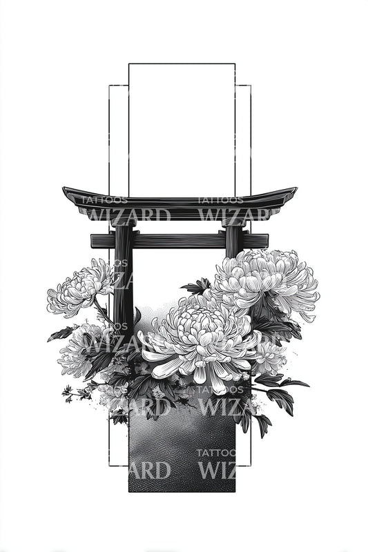 Design de tatouage pivoine torii monochrome