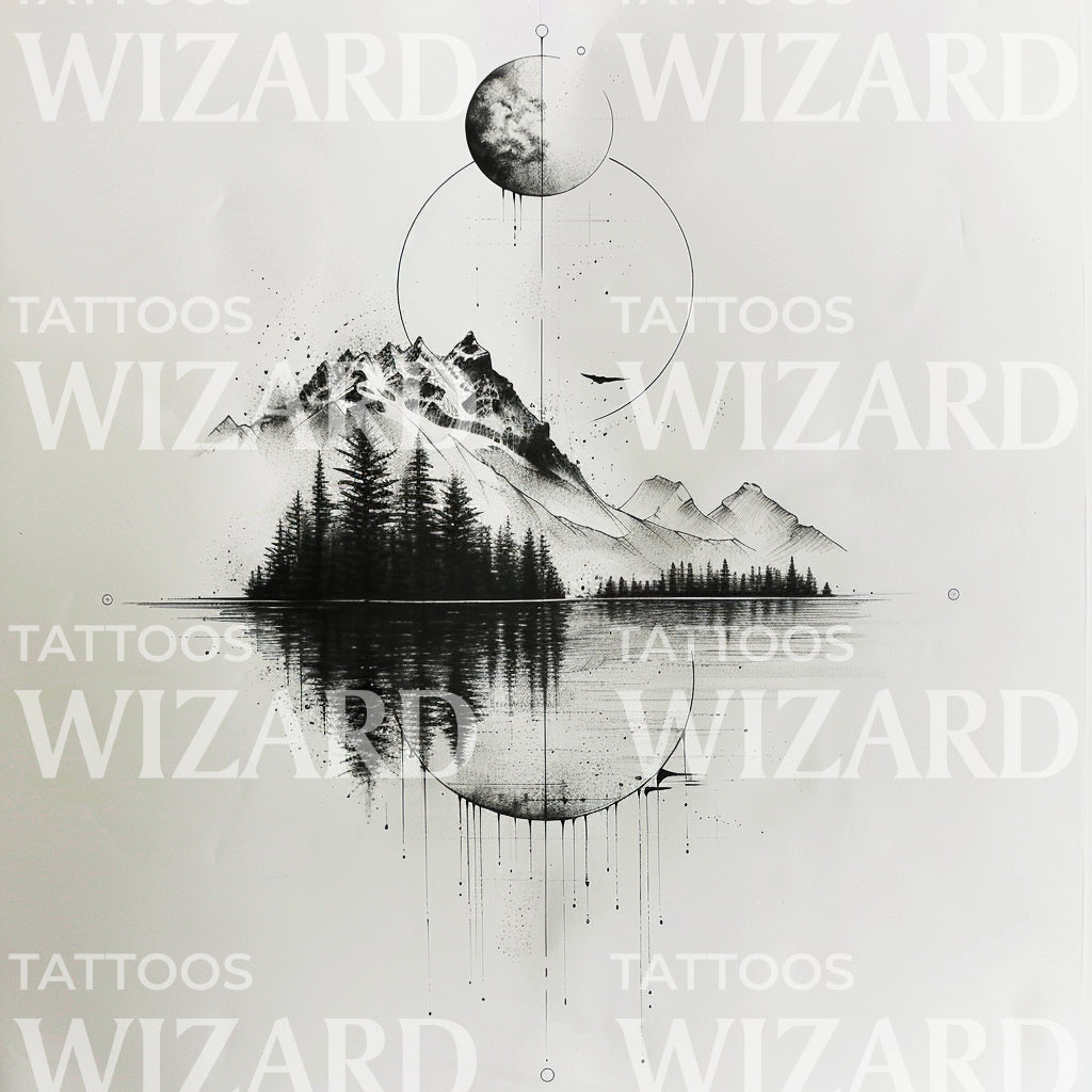 Moonlight over Mountain Lake Tattoo Design