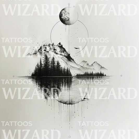 Moonlight over Mountain Lake Tattoo Design