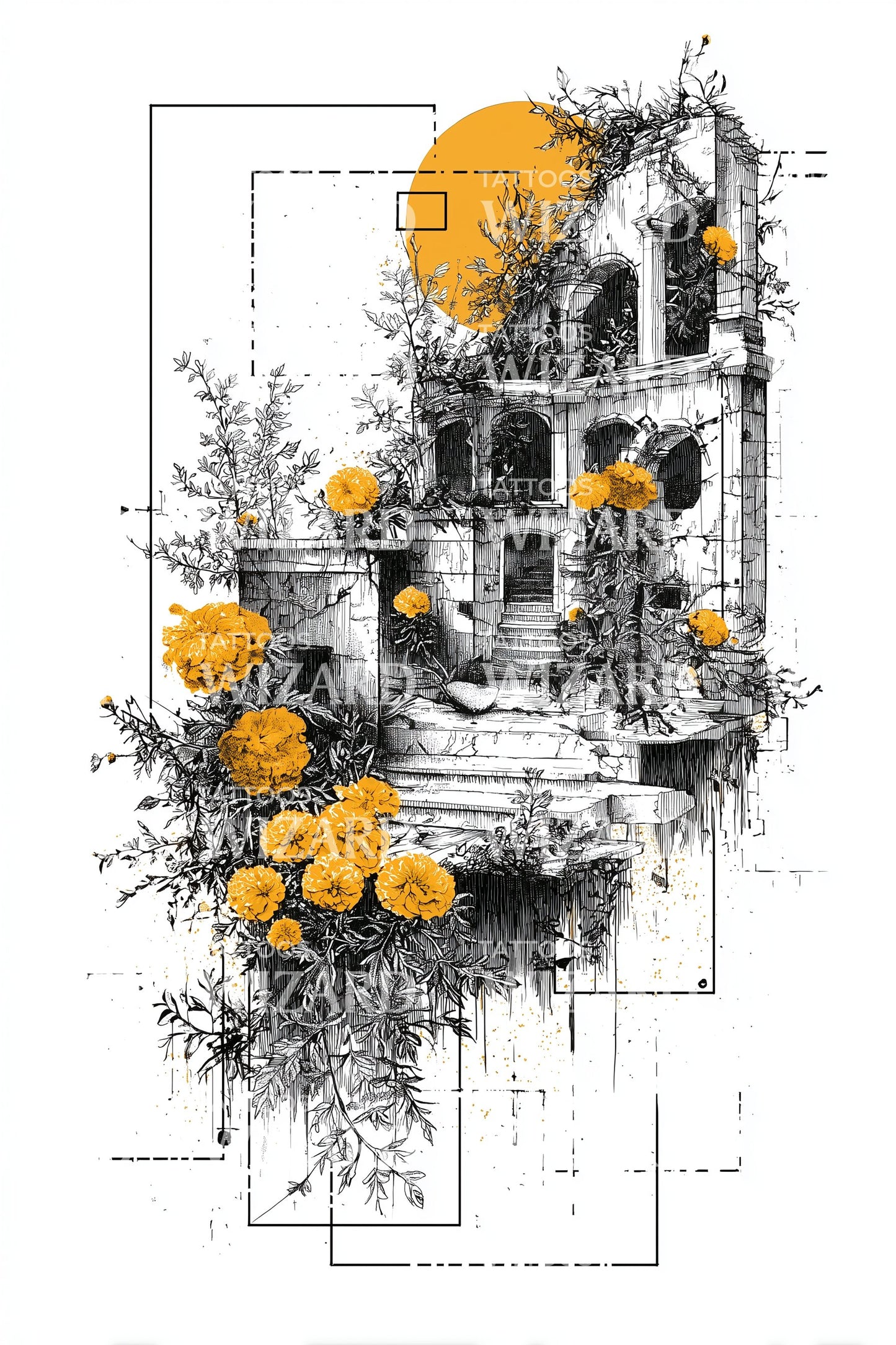 Moonlit Cottage Flowers Tattoo Design