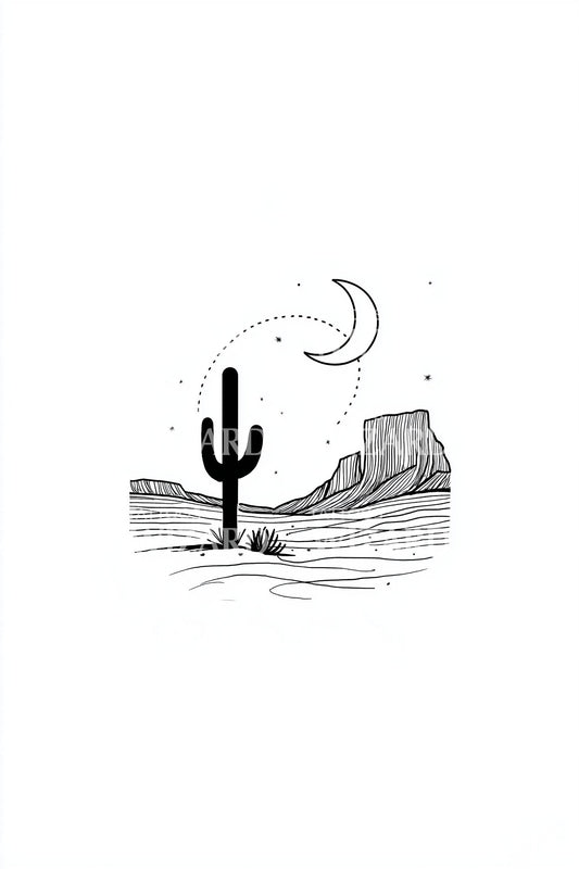 Moonlit Desert Postcard Tattoo Illustration