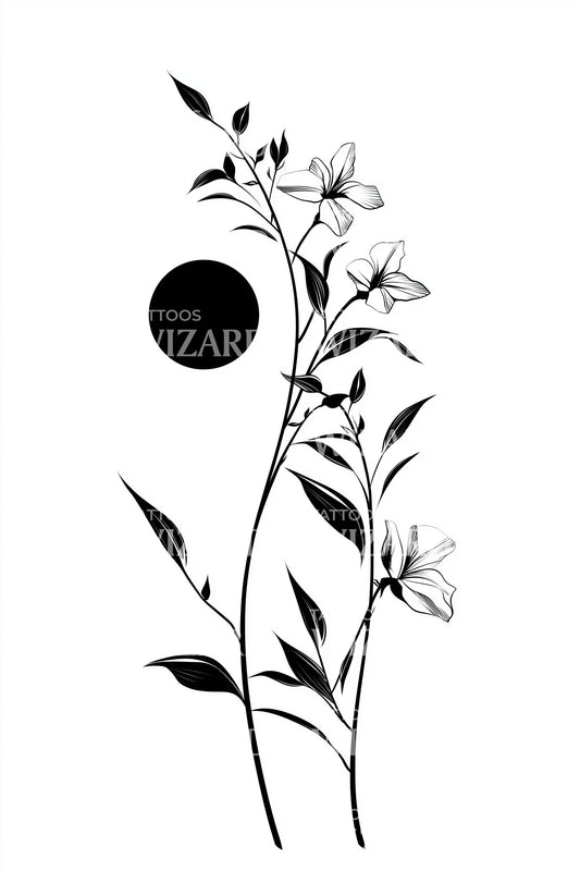 Design del tatuaggio di stelo di gelsomino illuminato dalla luna