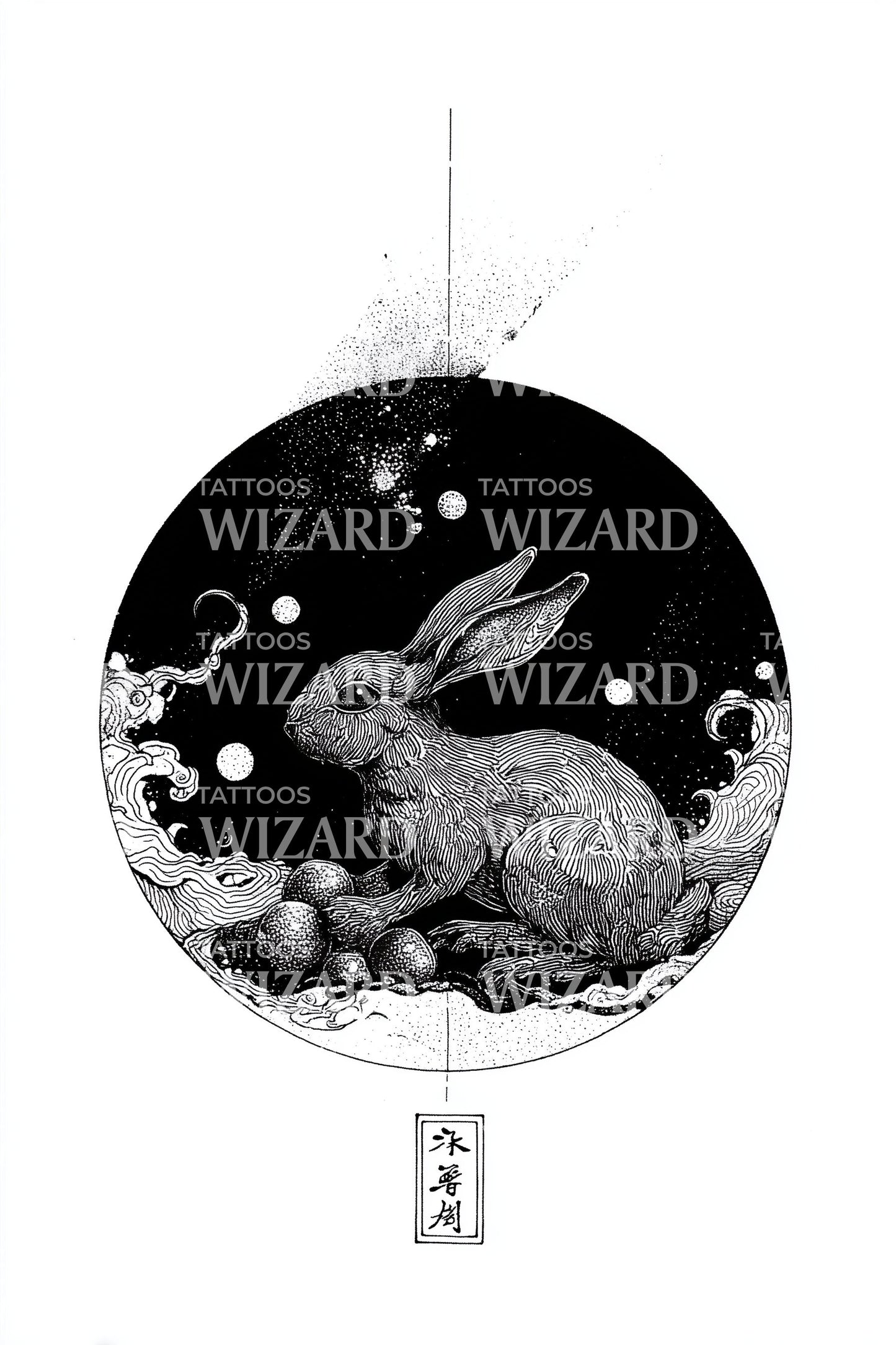 Design de tatouage cercle lapin au clair de lune