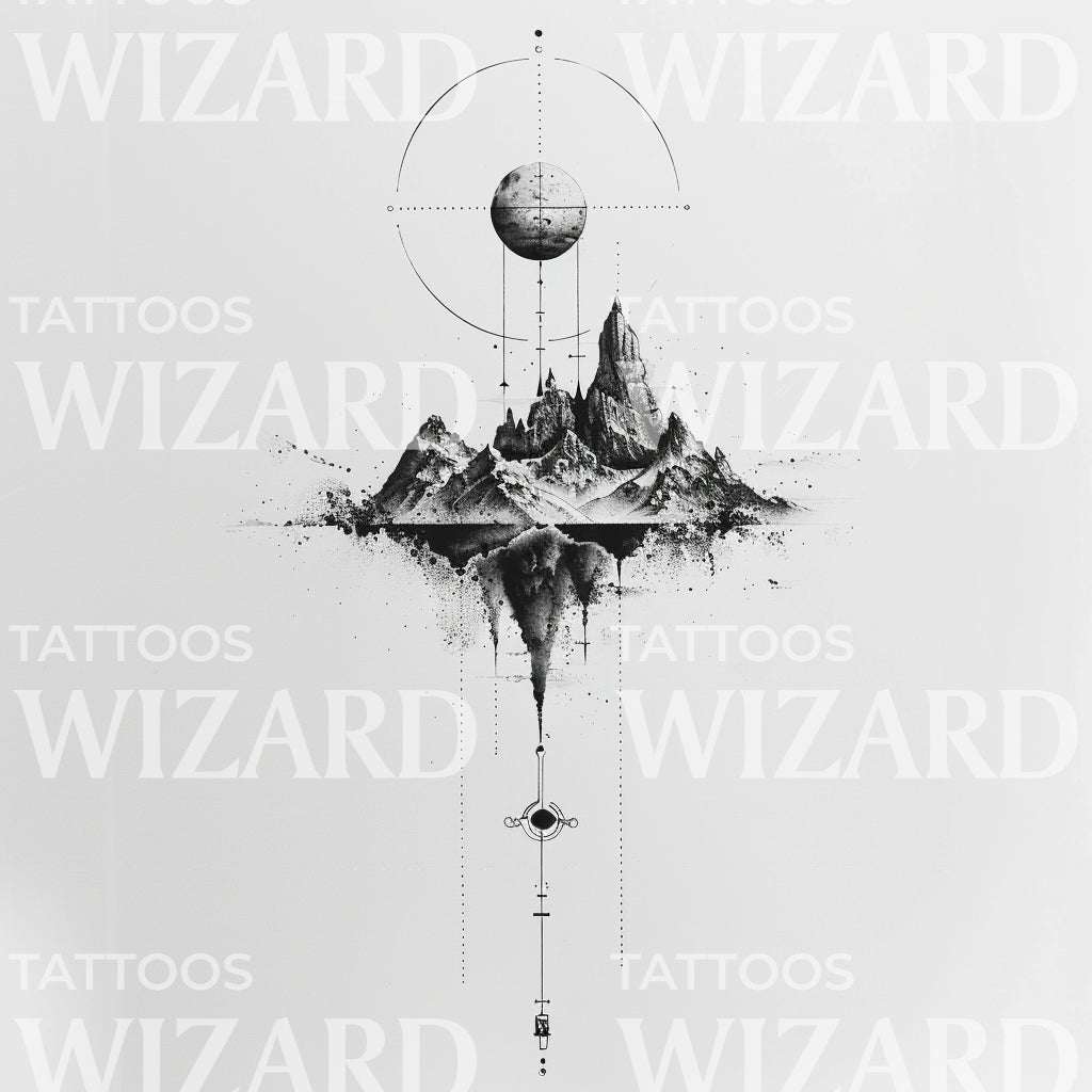 Mountain and Moon Compass Tattoo Design