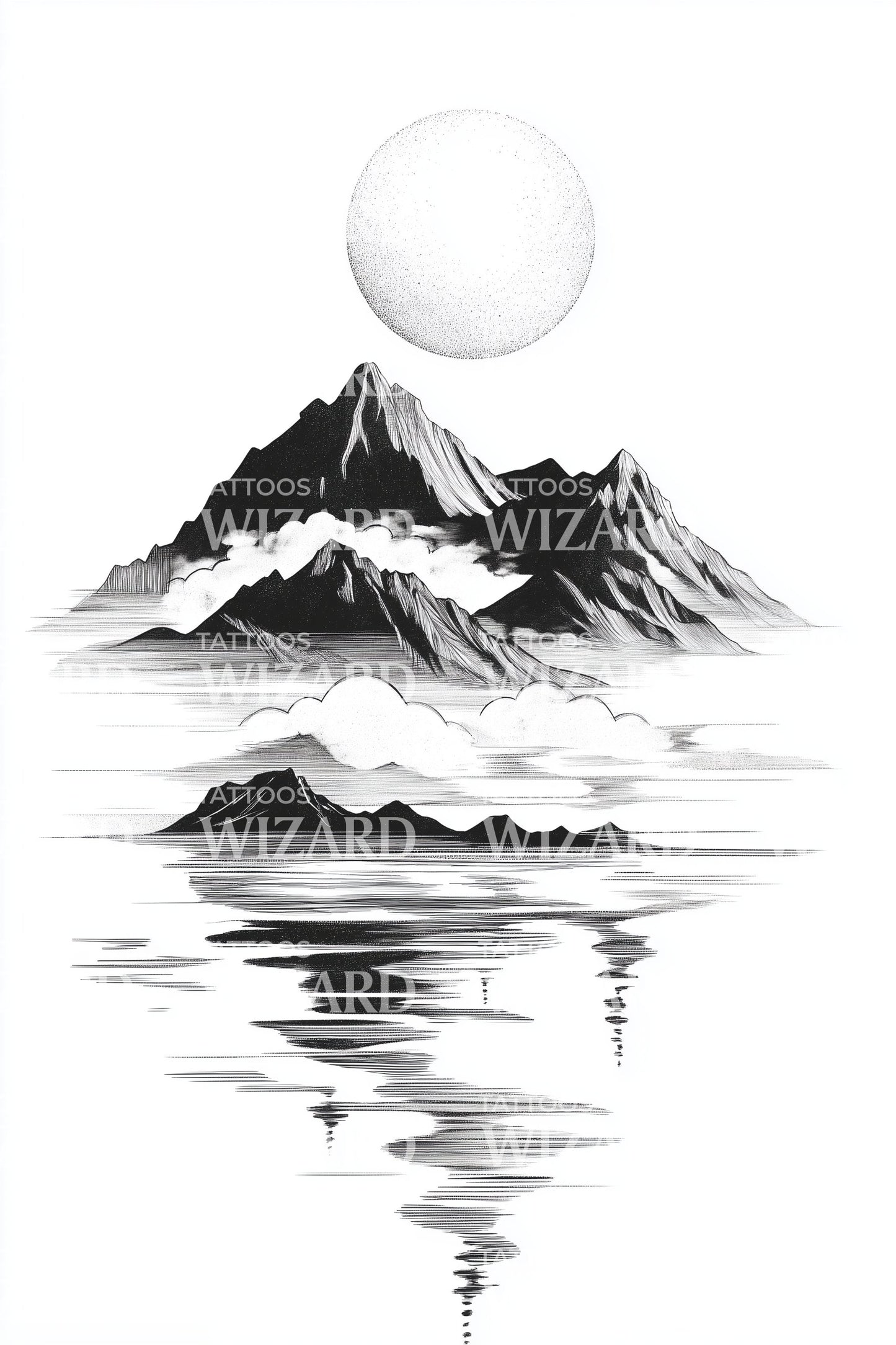 Diseño de tatuaje de paisaje con espejo de montaña