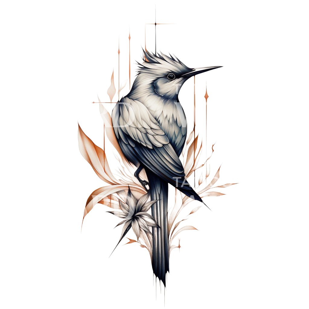 Cute Neo Traditional Bird and Flowers Tattoo Design