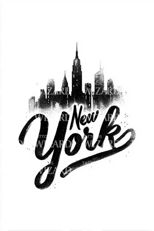 New York Skyline Brush Script Tattoo Design
