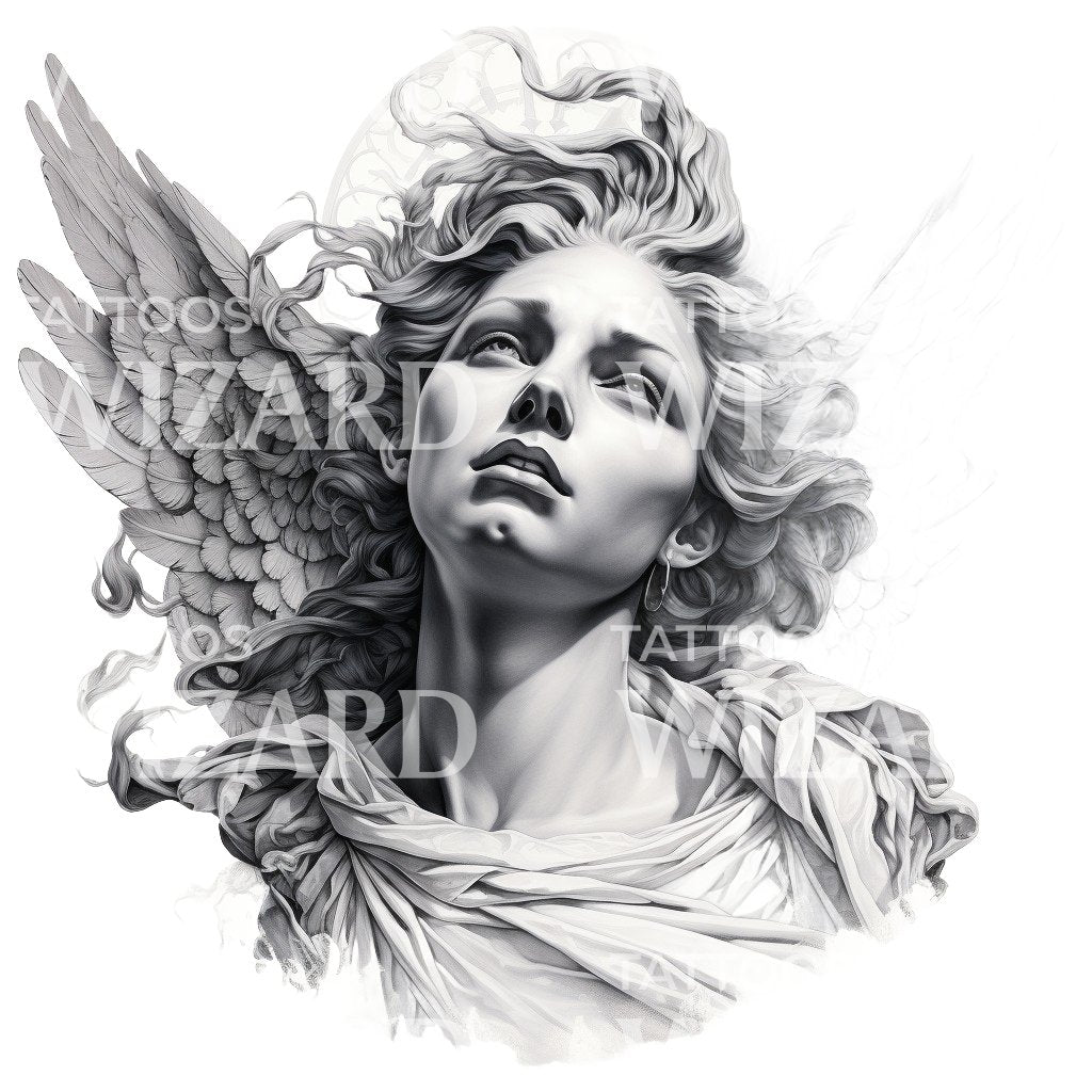 Black and Grey Angel Statue Tattoo Design