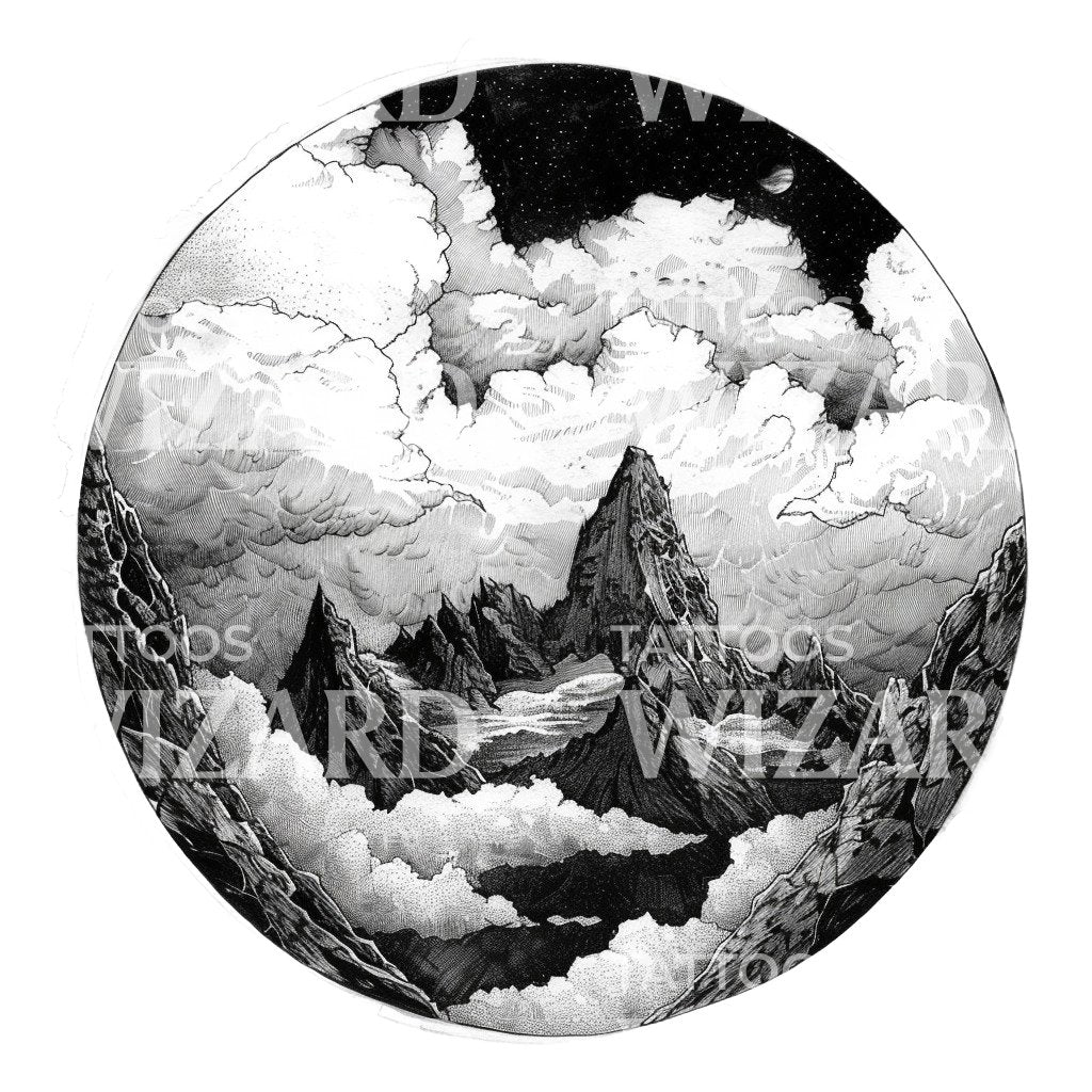 Nostalgic Mountain Landscape Ink Tattoo Design