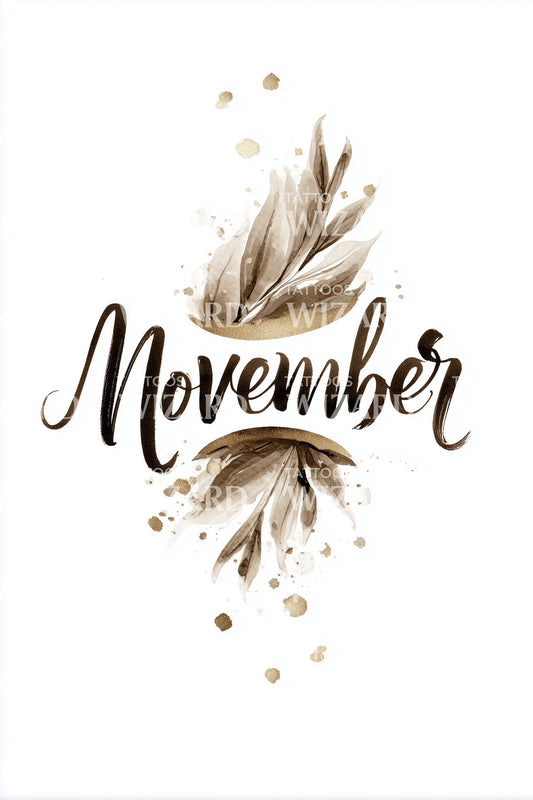 November Golden Plume Script Tattoo Design