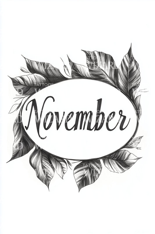 November Laurel Ring Script Tattoo Design