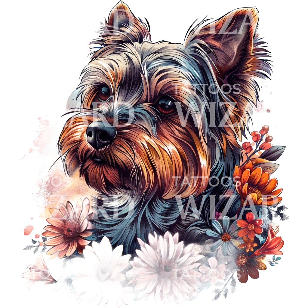 Colorful Yorkshire Terrier Portrait Tattoo Design