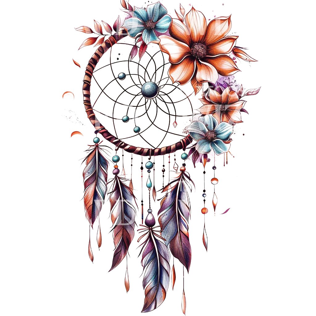 Dreamcatcher and Flowers Tattoo Design
