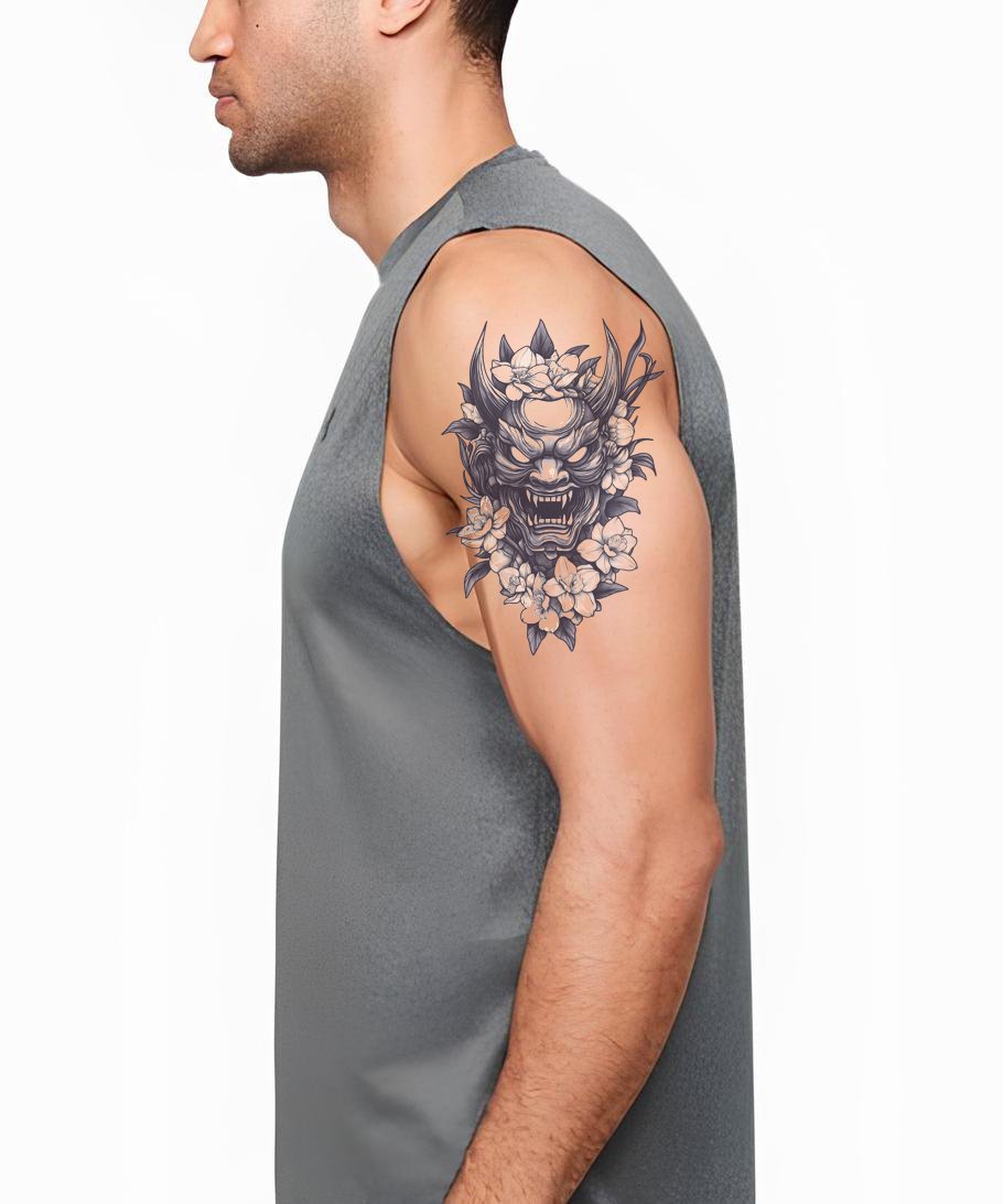 Floral Oni Mask Tattoo Design