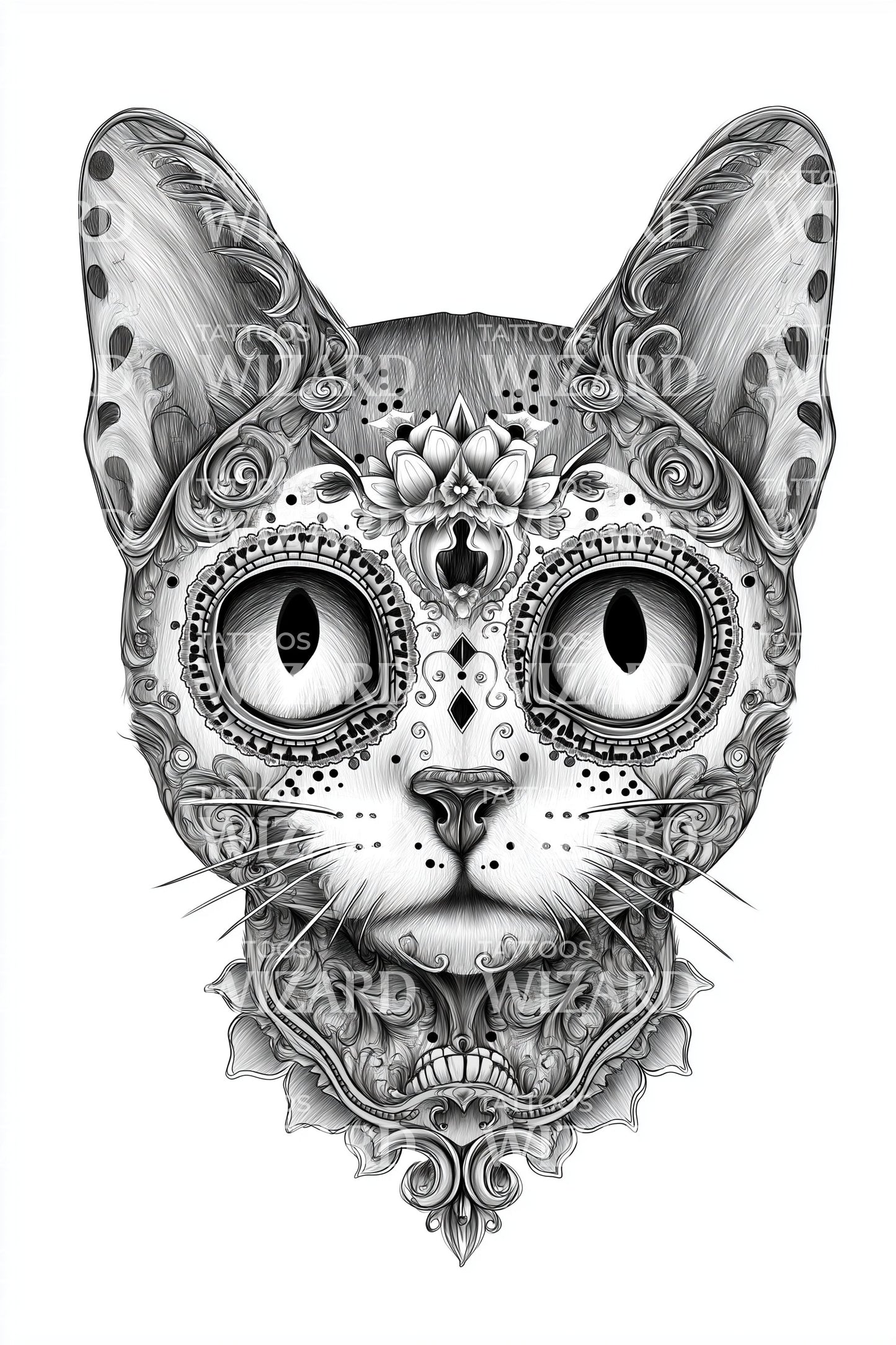 Ornamental Cat Head Tattoo Illustration