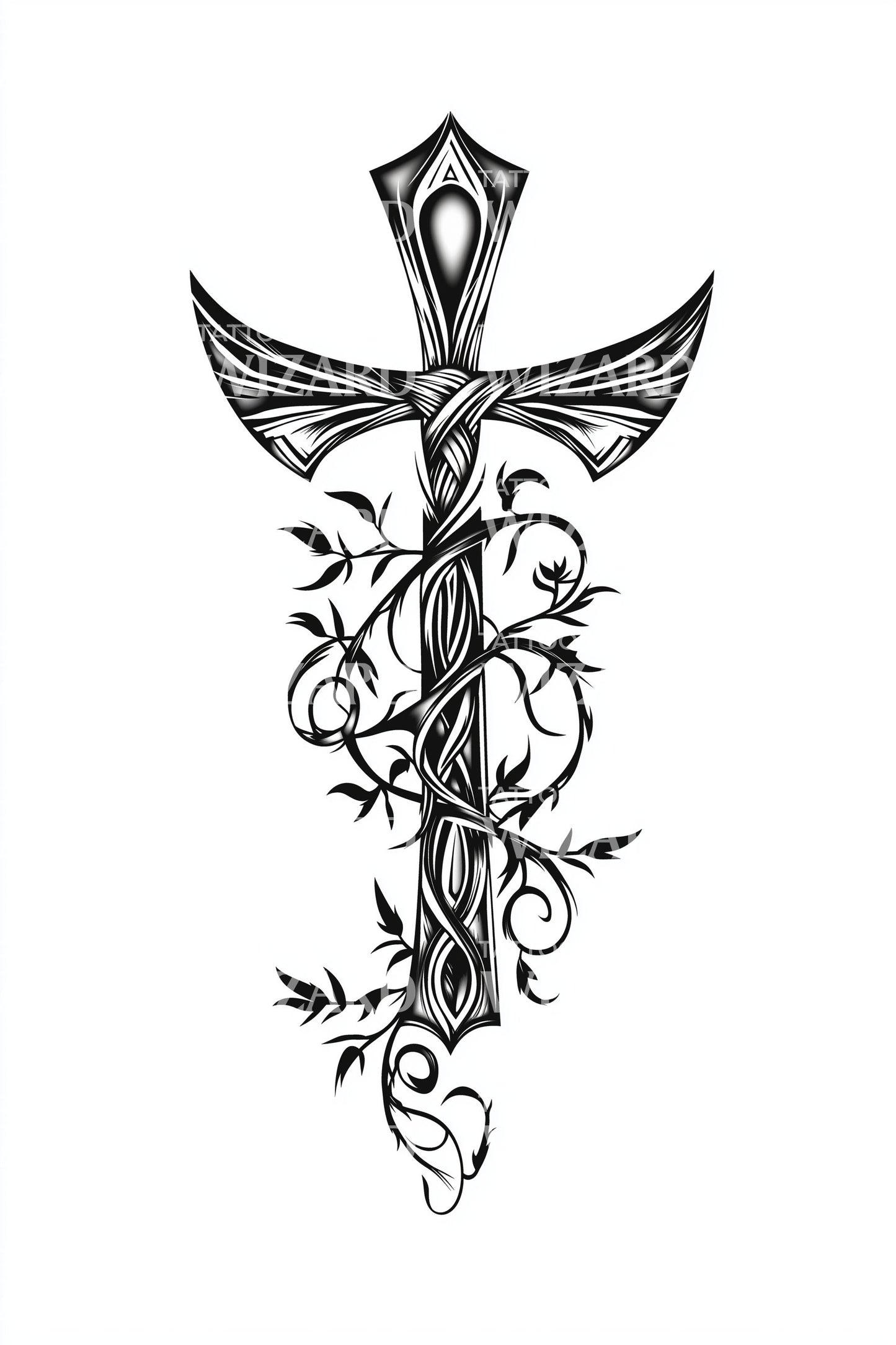 Ornamental Cross With Vines Tattoo Design