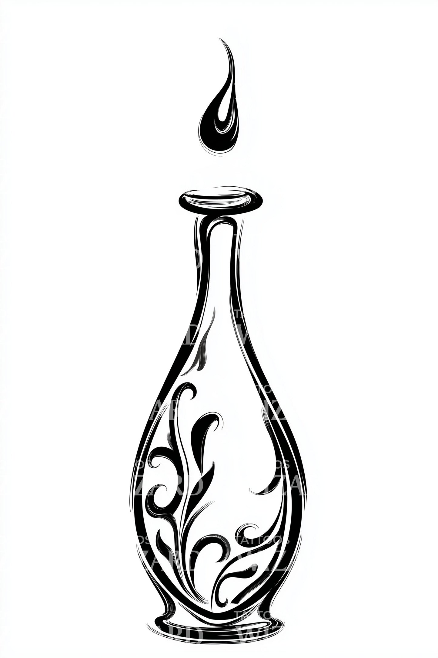 Design di tatuaggio con bottiglia alchemica ornata