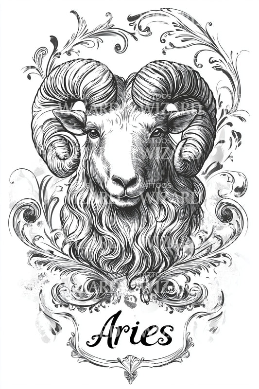 Ornate Aries Portrait Tattoo Design
