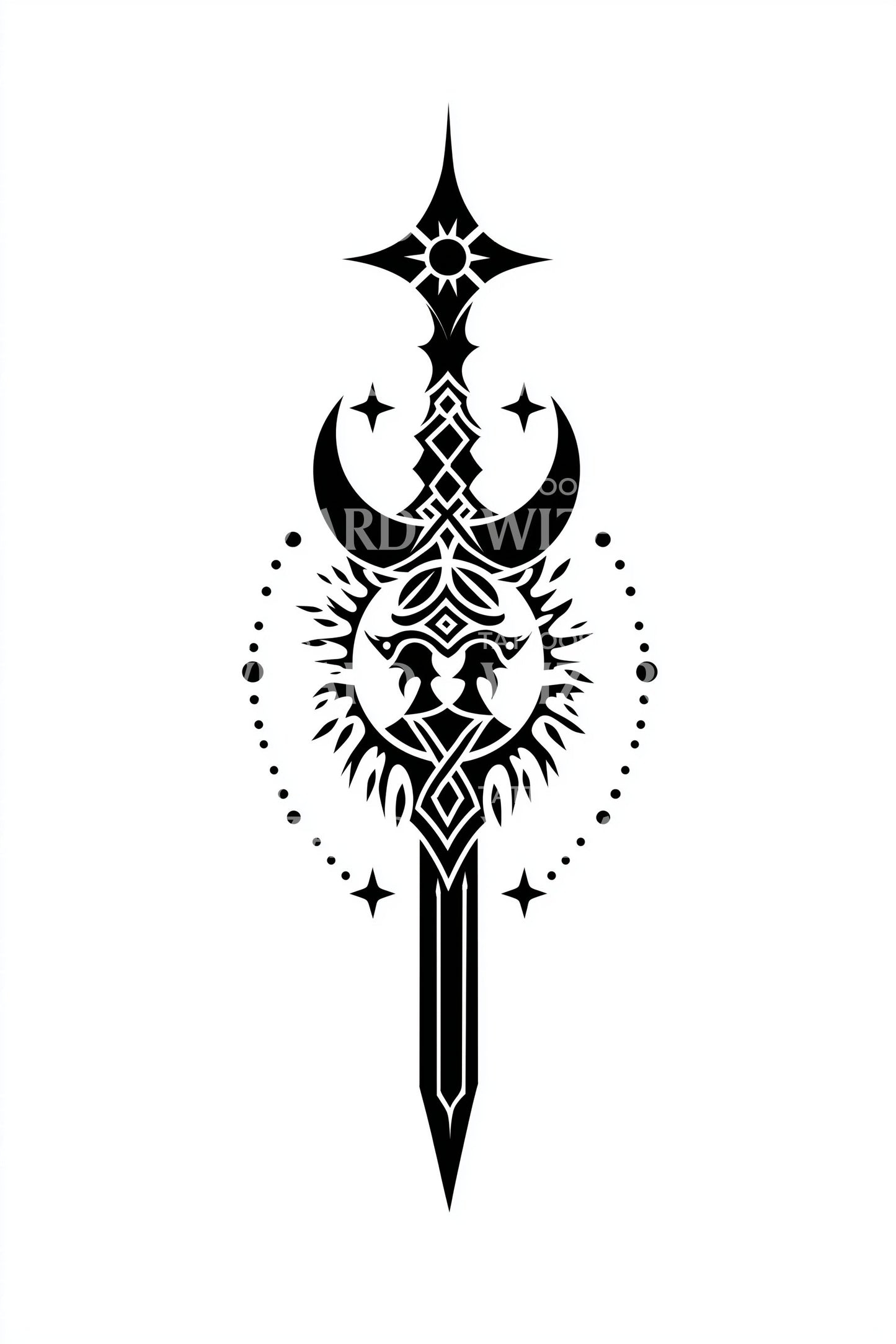 Design di tatuaggio con pugnale a mezzaluna ornato