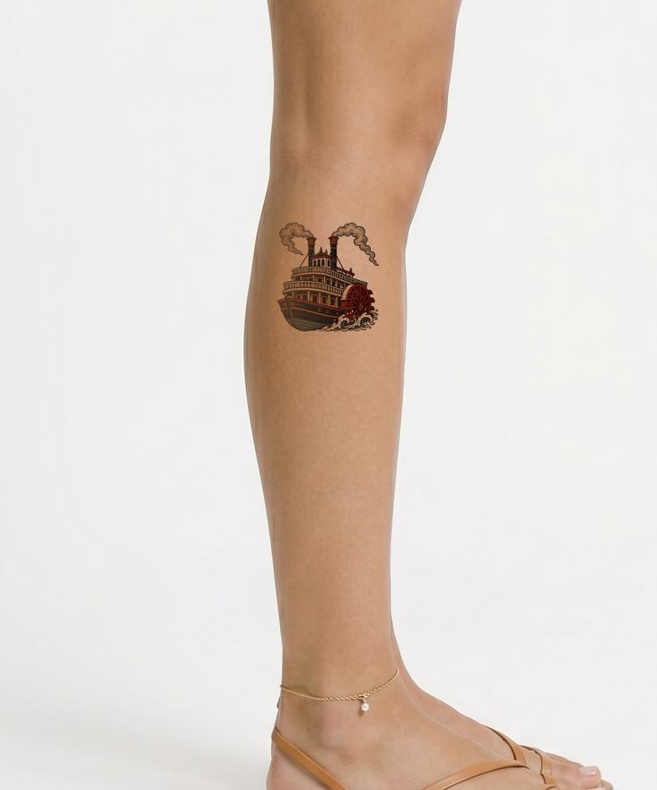 Tattoo-illustratie van een raderstoomboot op de rivier