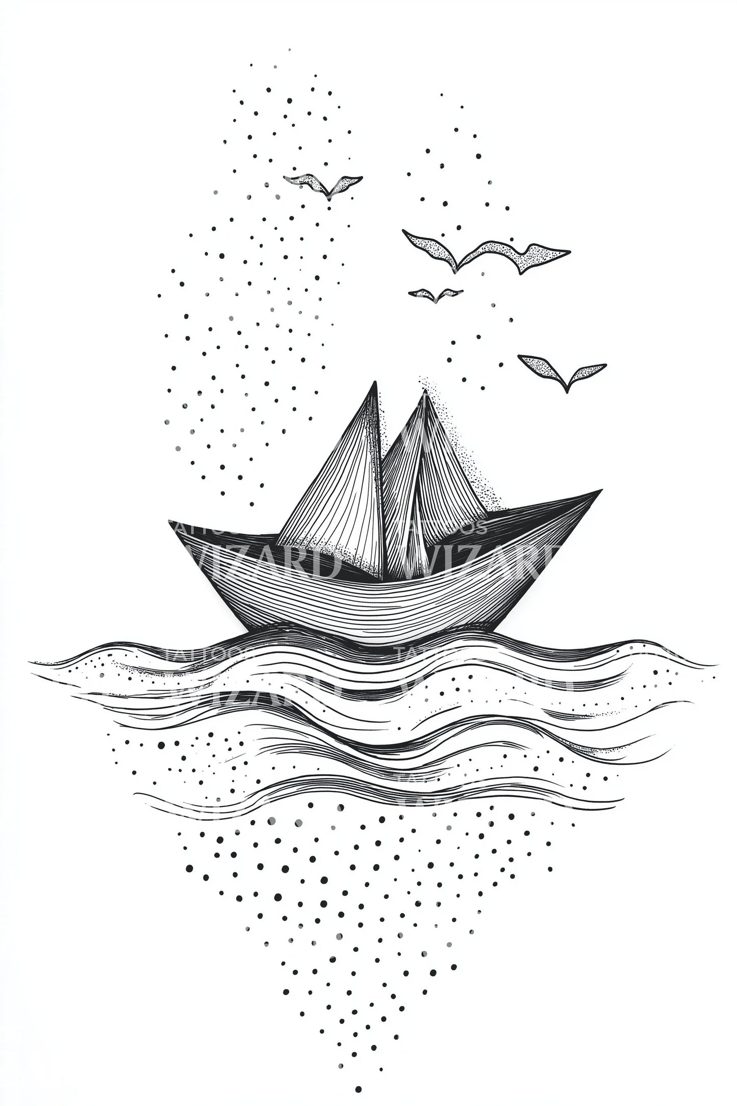 Paper Boat With Birds Tattoo Illustration
