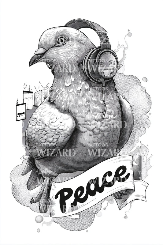 Idea de tatuaje de auriculares con paloma de la paz