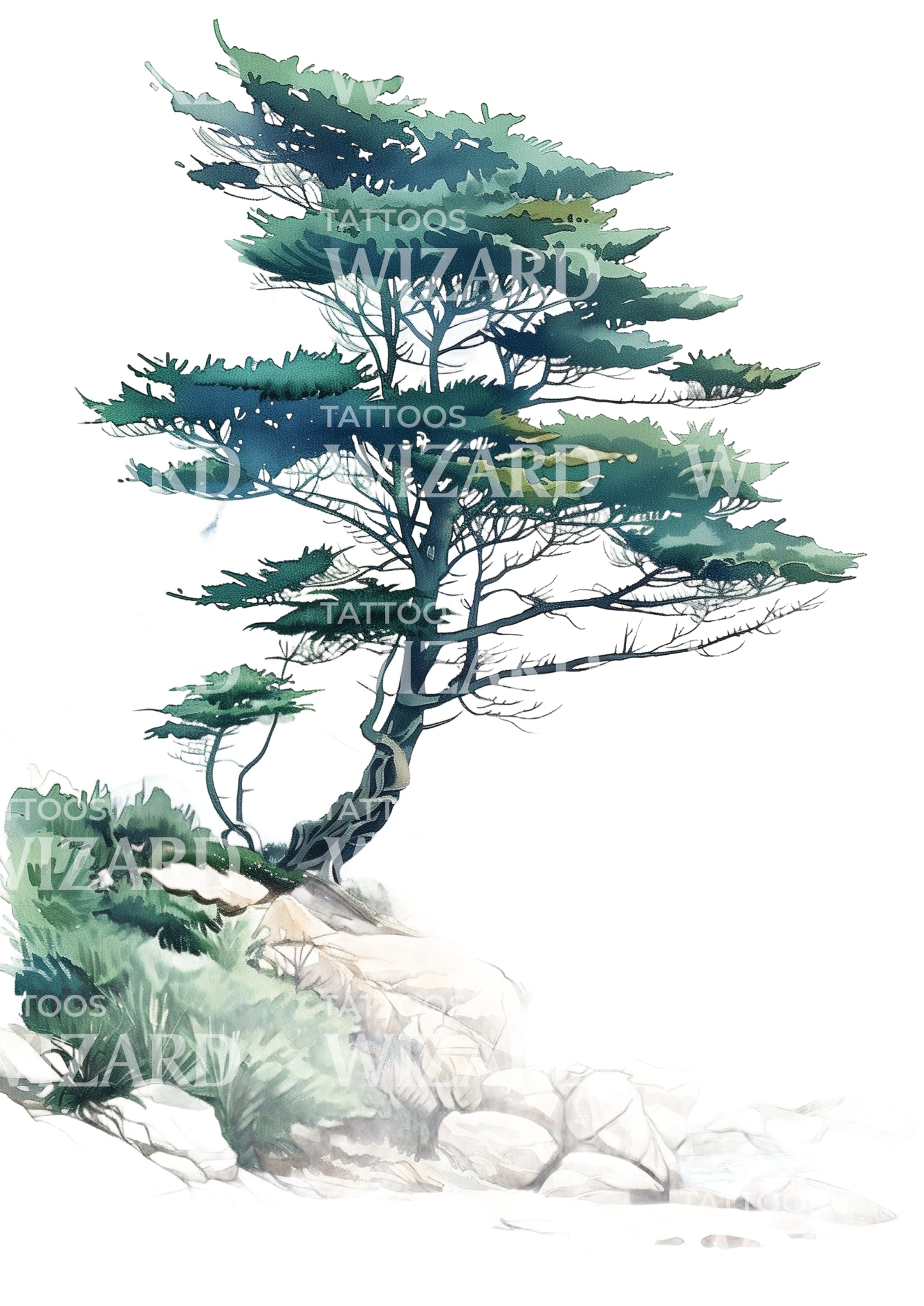 Peaceful Cypress and Landscape Tattoo Design