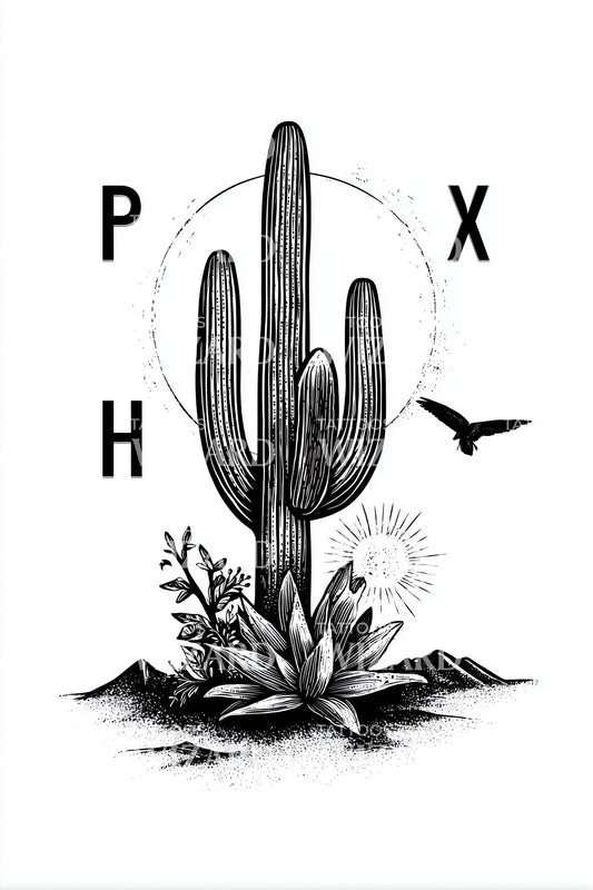 PHX Monogram Cactus Tattoo Idea