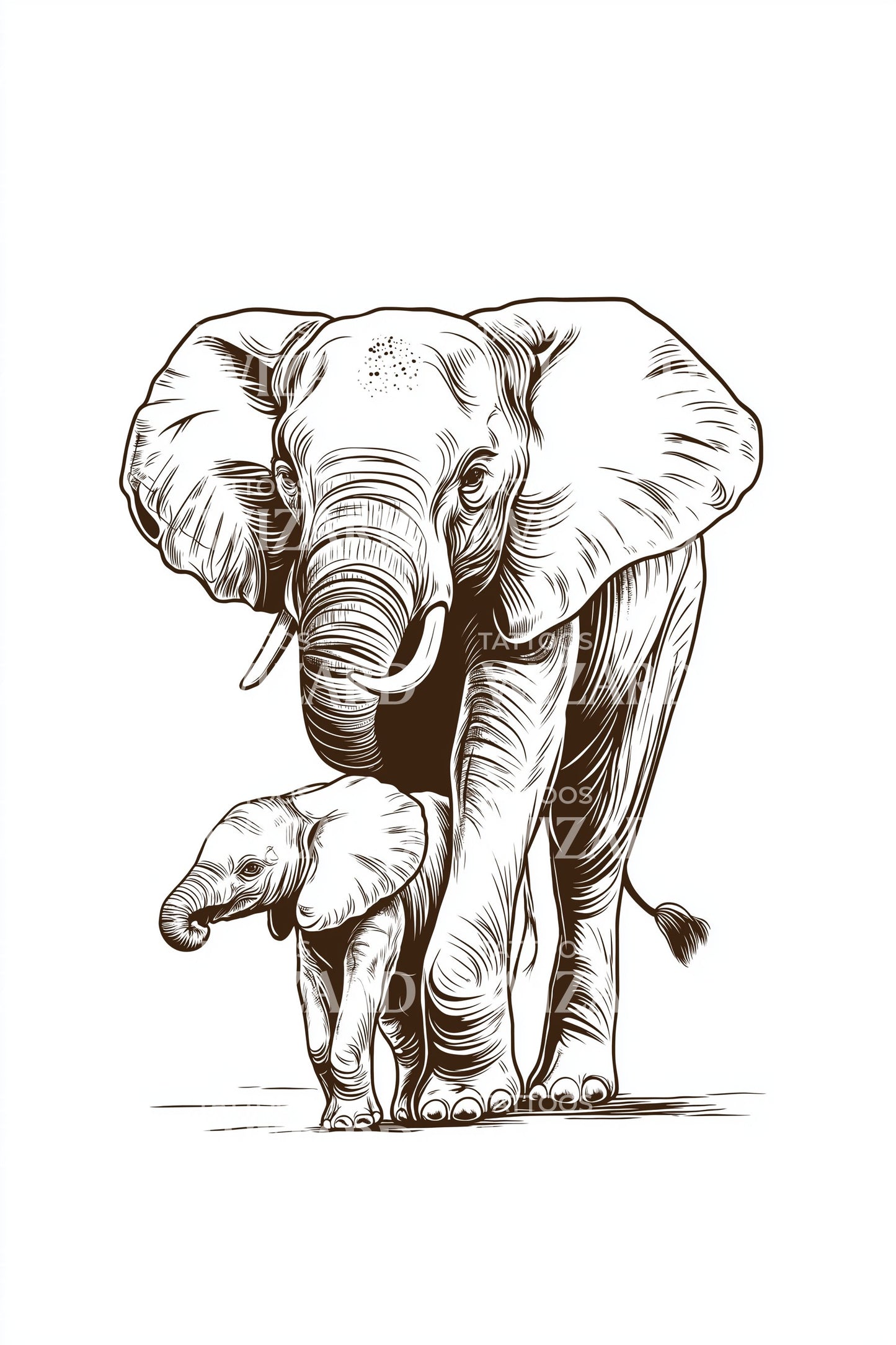 Protective Elephant and Calf Tattoo Design