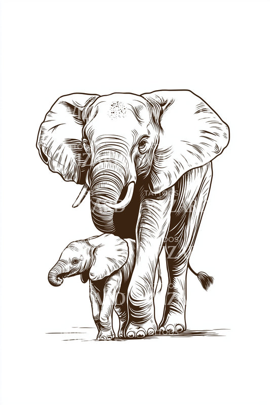 Protective Elephant and Calf Tattoo Design