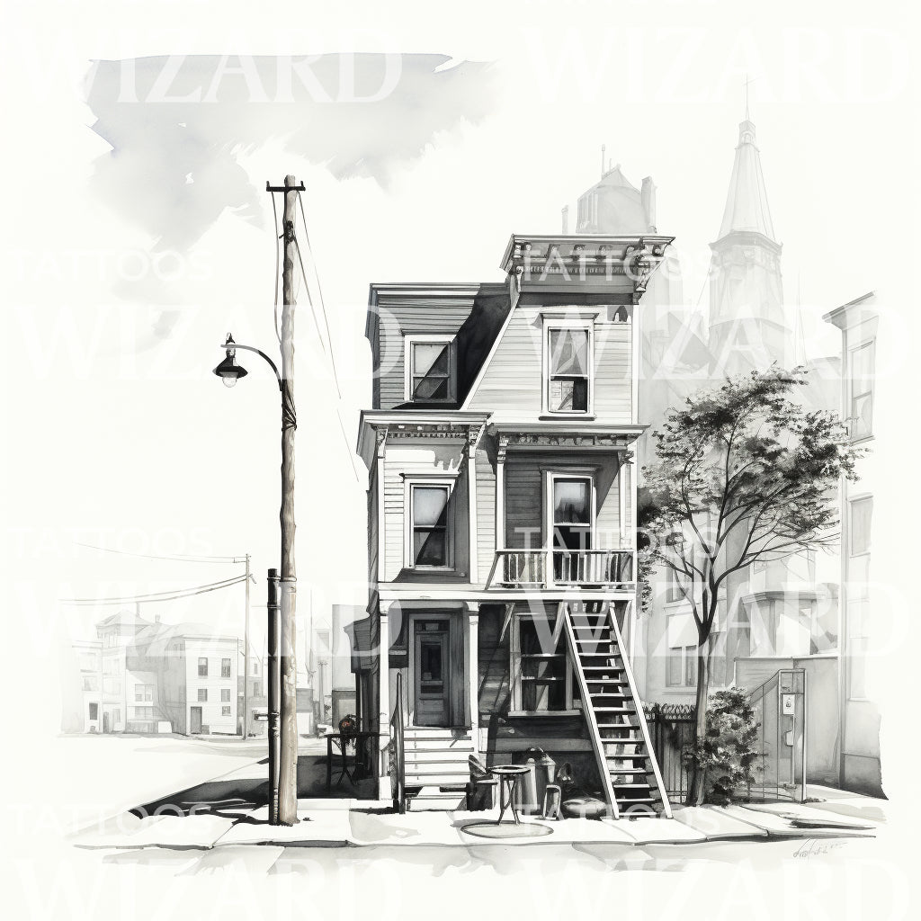 Lovely Townhouse Black and White Tattoo Design