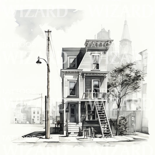 Lovely Townhouse Black and White Tattoo Design