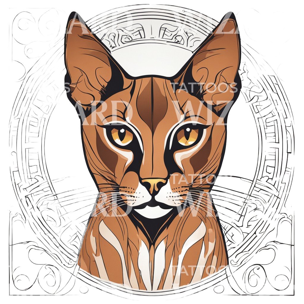 Abyssinian Cat Head with Floral Patterns Tattoo Design