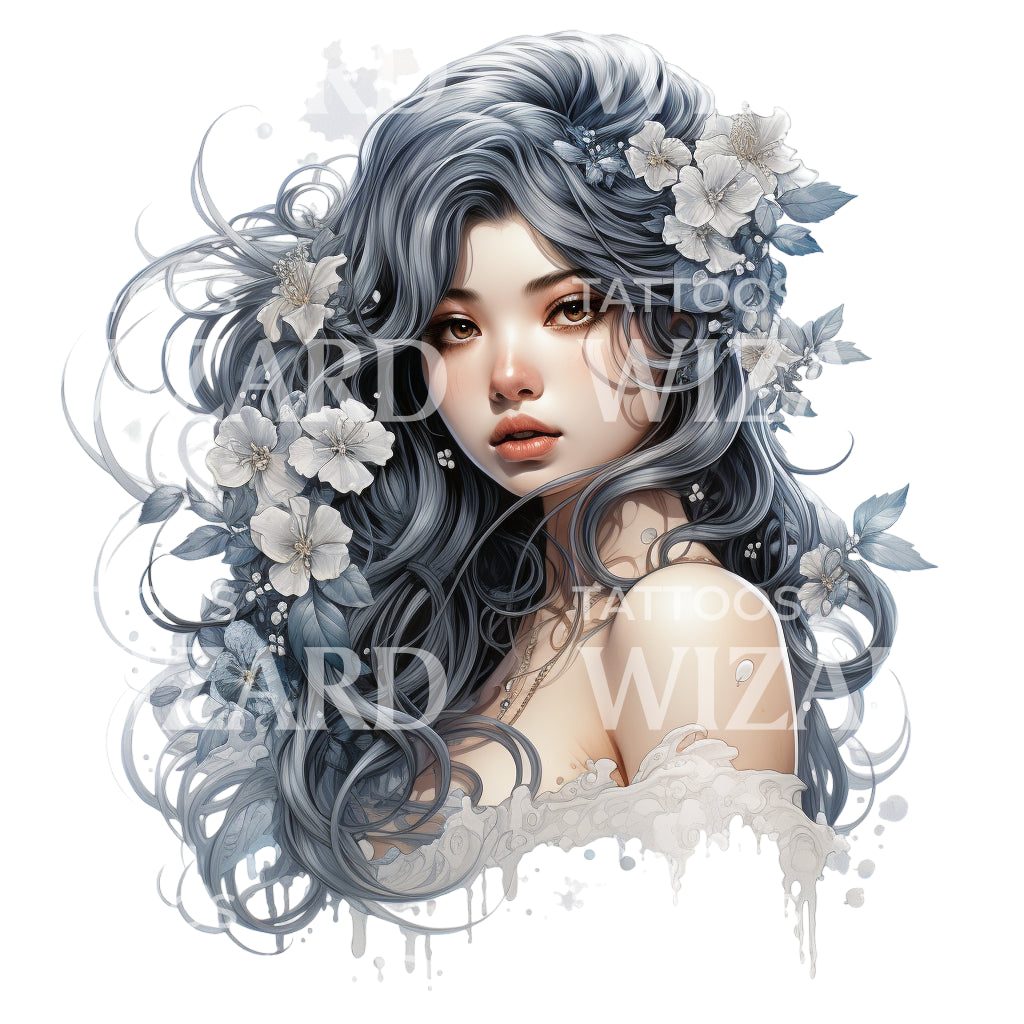Anime Girl Delicate Flowers Tattoo Design