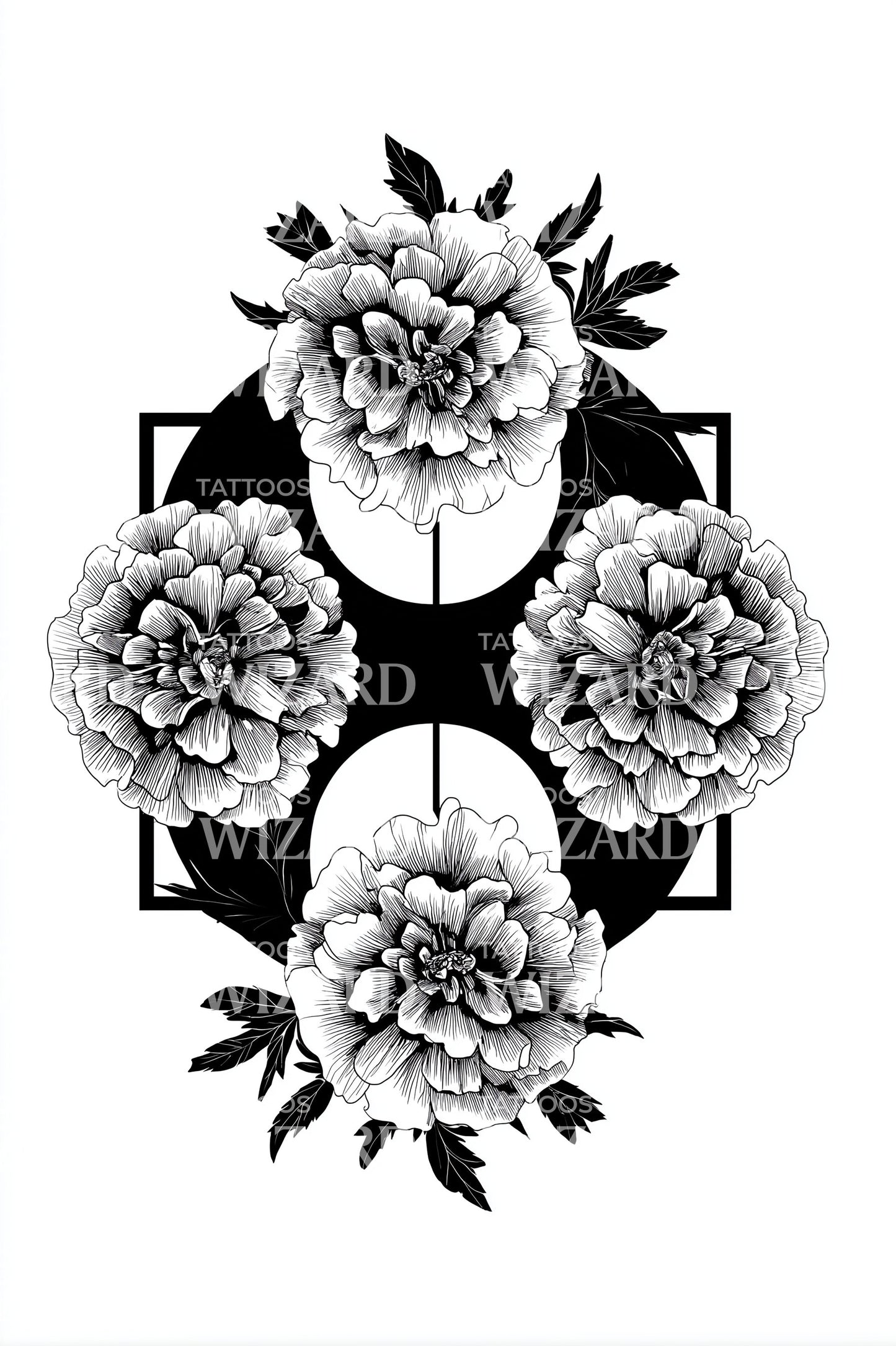 Quad Peony Square Tattoo Design