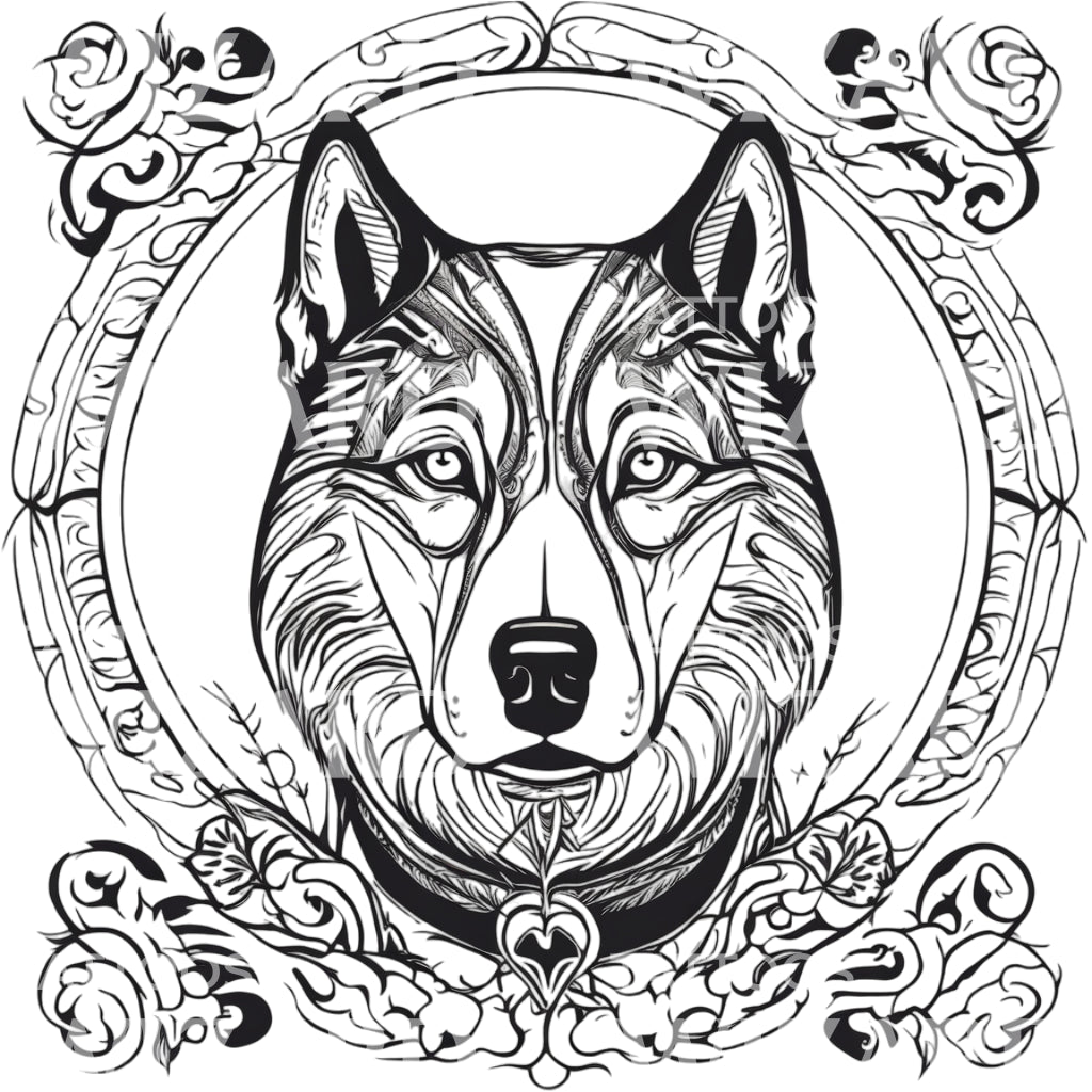 Siberian Husky Dog Head with Circle Floral Patterns Tattoo Design