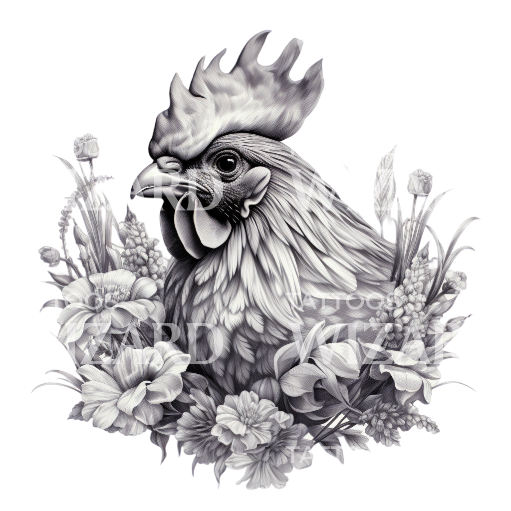 Rooster Portrait Black and Grey Tattoo Design
