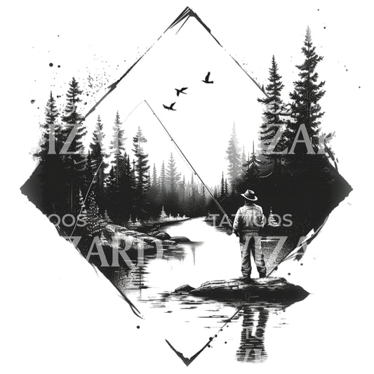 Man Fishing in the River Tattoo Design